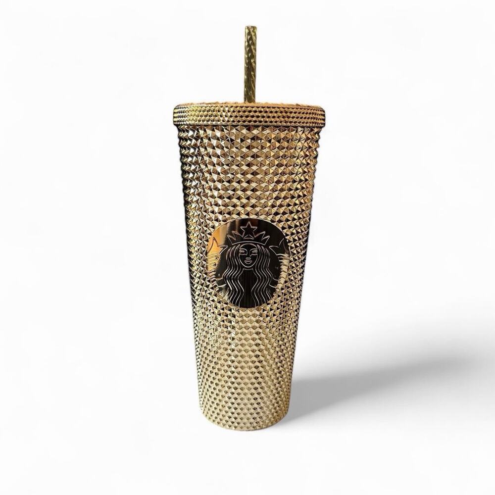 Starbucks Gold Studded Diamond Cold Cup Tumbler 24 oz Venti w/ Lid & Straw New